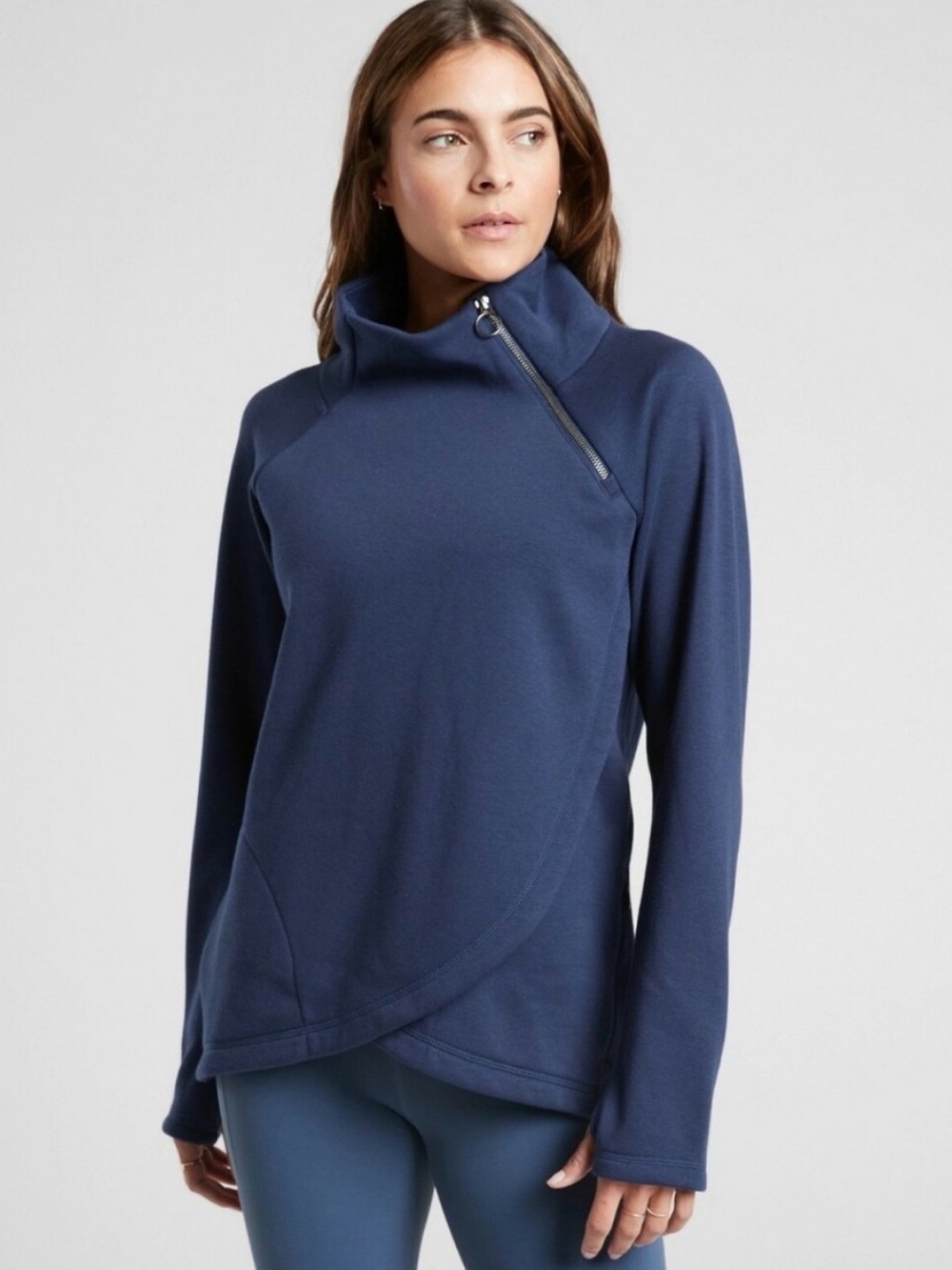 Athleta Navy Asymmetrical Funnel Zip-Shoulder Sweater